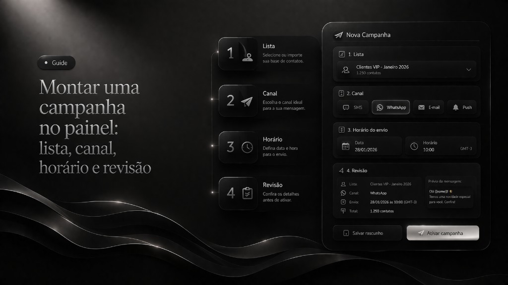 Montar uma campanha no painel: lista, canal, horário e revisão