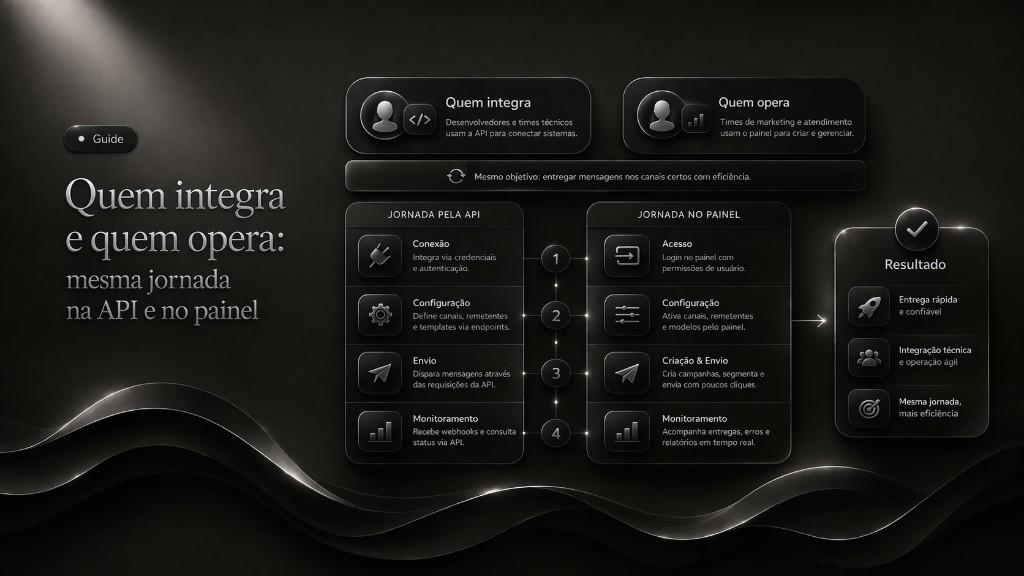 Quem integra e quem opera: mesma jornada na API e no painel