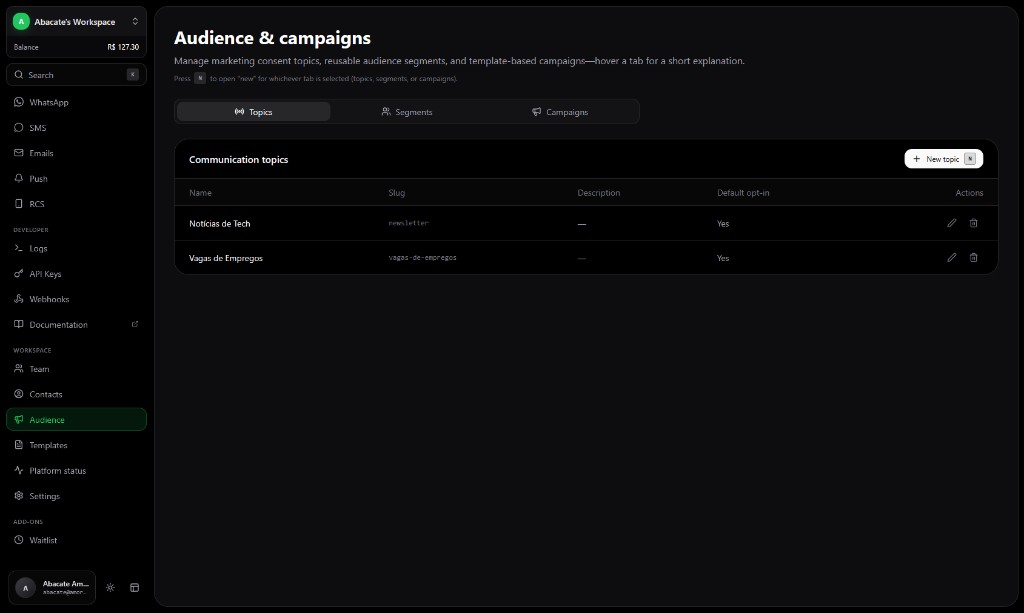Pré-visualização do painel de audiência e campanhas